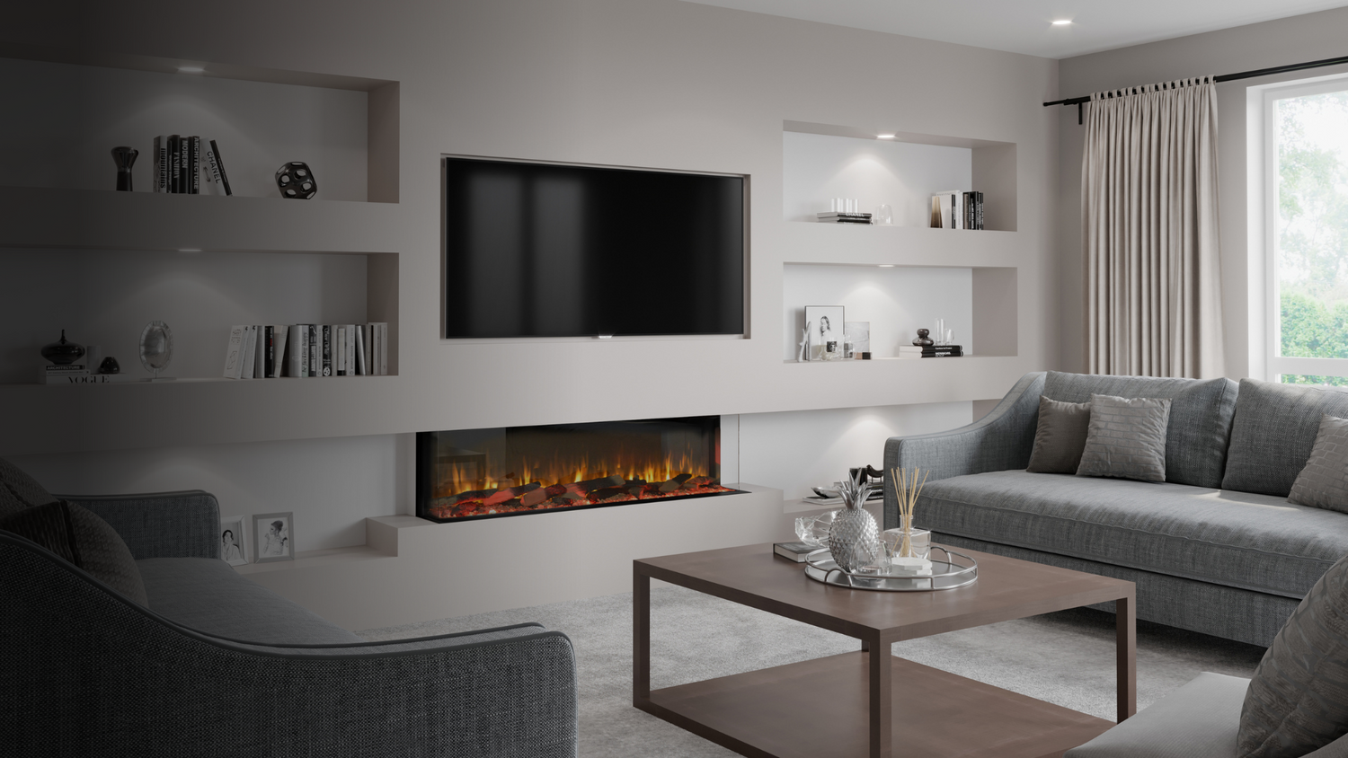 Media Walls Firez visual fire living space set up example